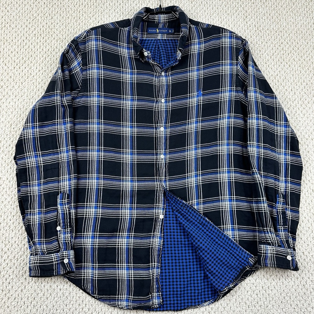Polo Ralph Lauren Shirt Mens XL Black Blue Plaid Double Faced Flannel Button Up
